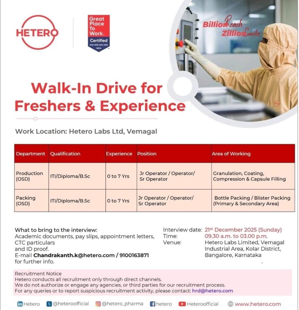 Hetero Labs Walk-In Drive 2025: Freshers and Experienced Job Openings in Bangalore