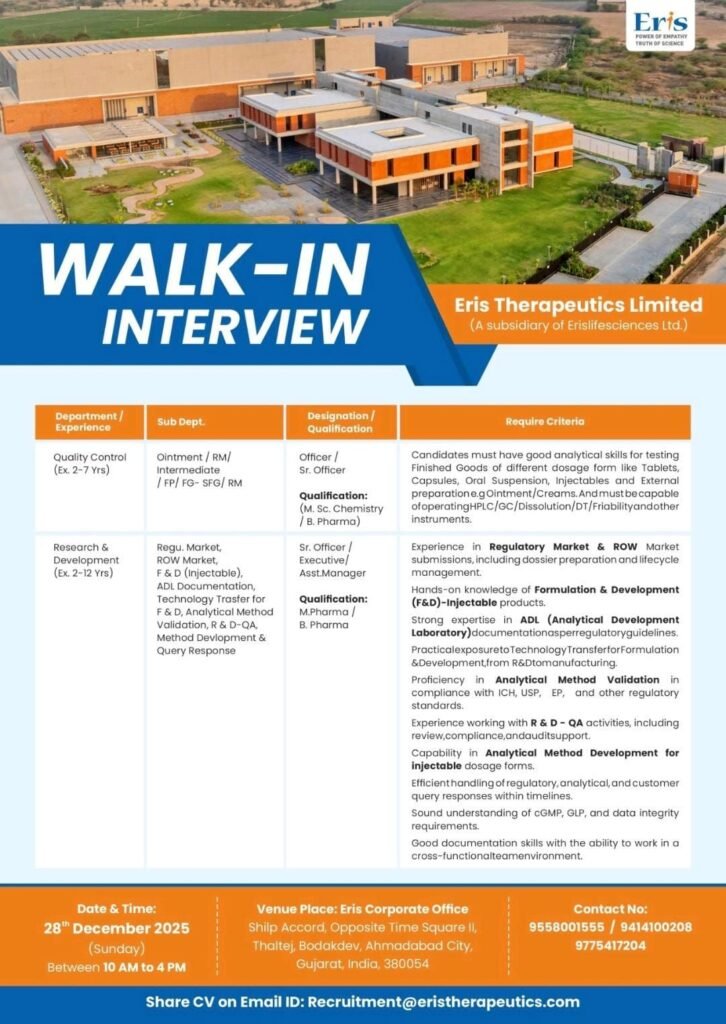 Eris Therapeutics Limited Walk-In Interview 2025: Career Openings in QC and R&D
